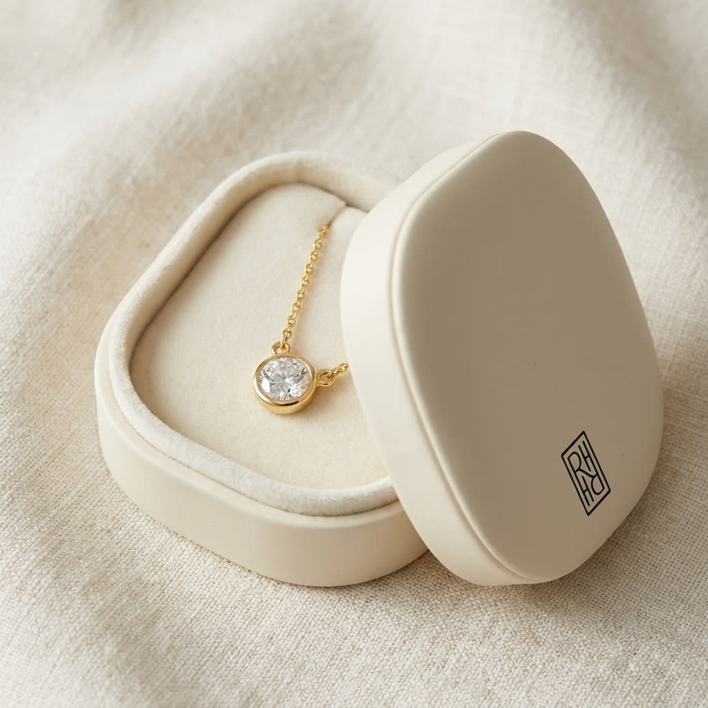 Natural Diamond Round Brilliant Solitaire Pendant in 14K Yellow Gold, 4 ct. t.w., in navy velvet jewelry box