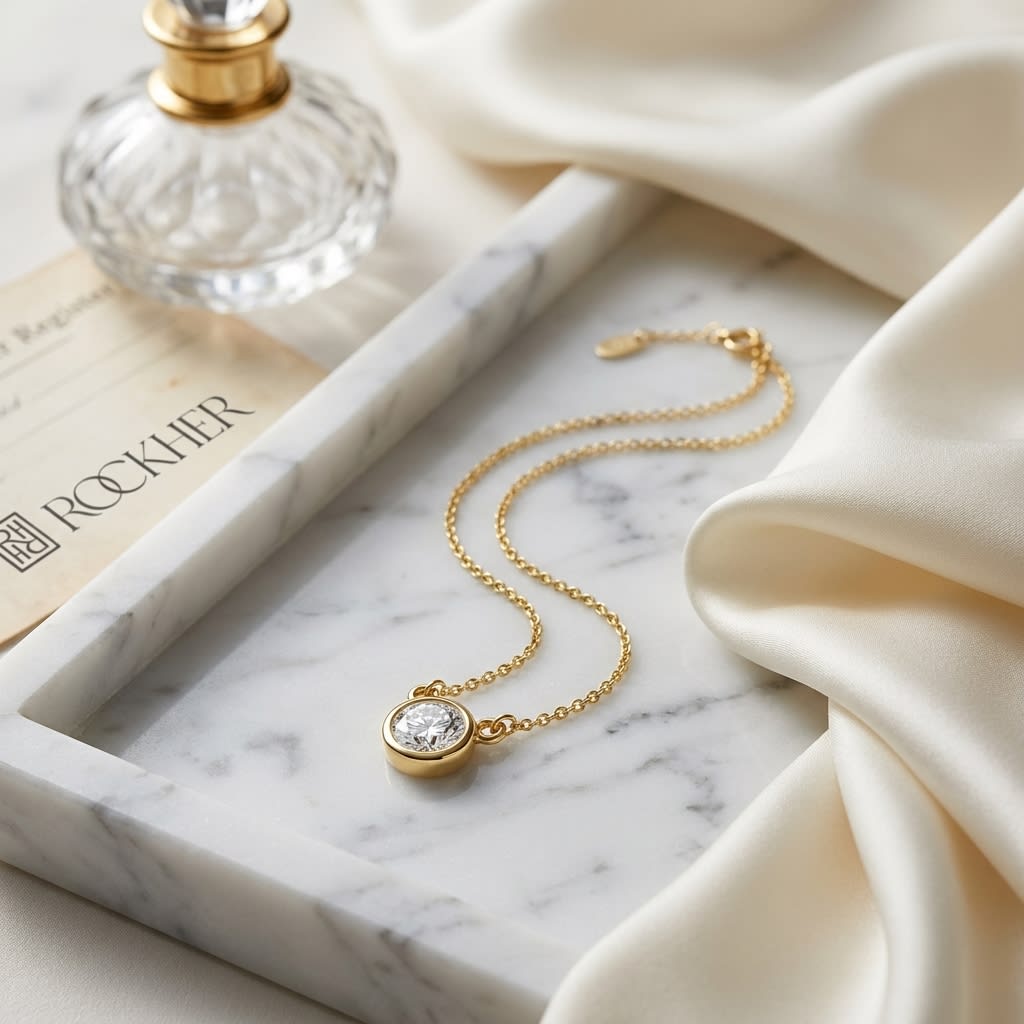 Natural Diamond Round Brilliant Solitaire Pendant in 14K Yellow Gold, 2 ct. t.w., on marble vanity tray with silk