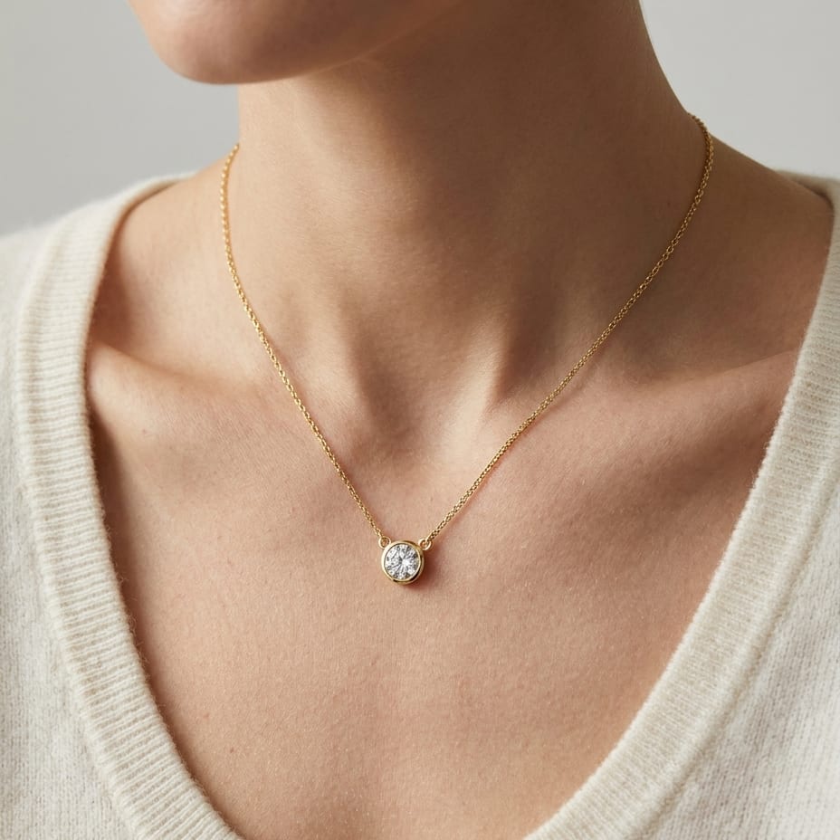 Natural Diamond Round Brilliant Solitaire Pendant in 14K Yellow Gold, 2 ct. t.w., worn close-up portrait