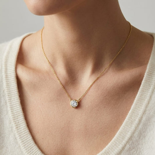 Natural Diamond Round Brilliant Solitaire Pendant in 14K Yellow Gold, 2 ct. t.w., worn close-up portrait