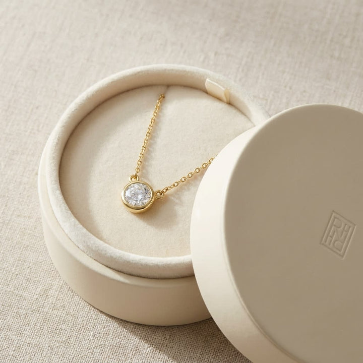 Natural Diamond Round Brilliant Solitaire Pendant in 14K Yellow Gold, 2 ct. t.w., in navy velvet jewelry box
