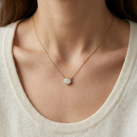 Natural Diamond Round Brilliant Solitaire Pendant in 14K Yellow Gold, 1 ct. t.w., worn close-up portrait