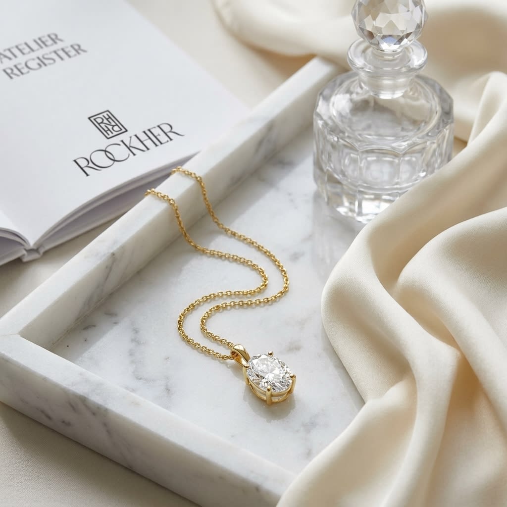 Natural Diamond Oval Solitaire Pendant in 14K Yellow Gold, 2 ct. t.w., on marble vanity tray with silk