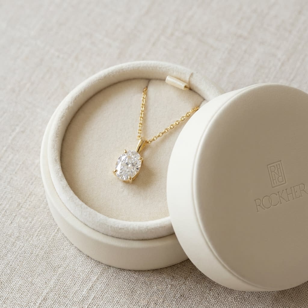 Natural Diamond Oval Solitaire Pendant in 14K Yellow Gold, 2 ct. t.w., in navy velvet jewelry box