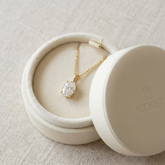 Natural Diamond Oval Solitaire Pendant in 14K Yellow Gold, 2 ct. t.w., in navy velvet jewelry box