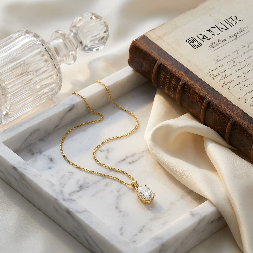 Natural Diamond Oval Solitaire Pendant in 14K Yellow Gold, 4 ct. t.w., on marble vanity tray with silk