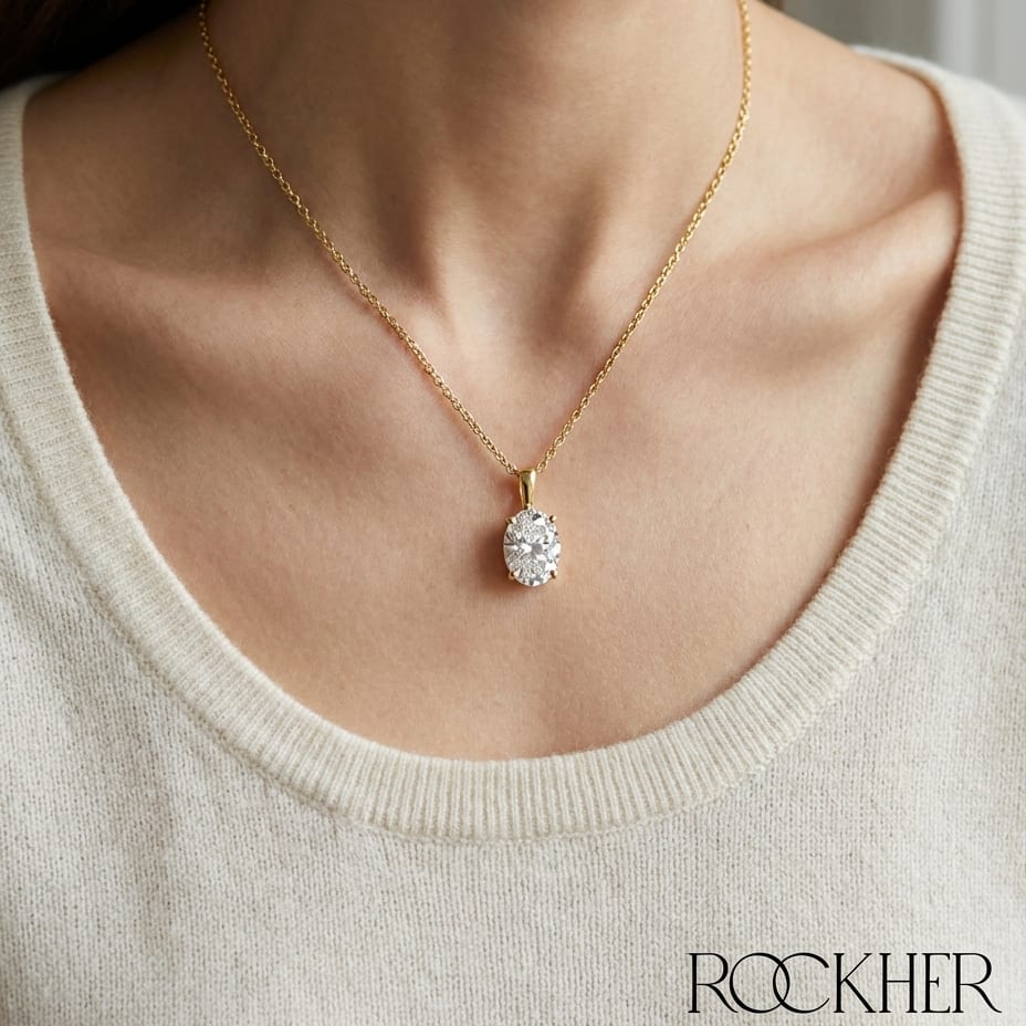 Natural Diamond Oval Solitaire Pendant in 14K Yellow Gold, 4 ct. t.w., worn close-up portrait