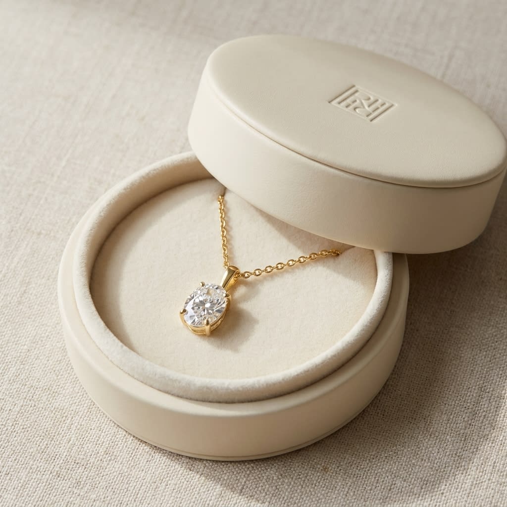 Natural Diamond Oval Solitaire Pendant in 14K Yellow Gold, 4 ct. t.w., in navy velvet jewelry box