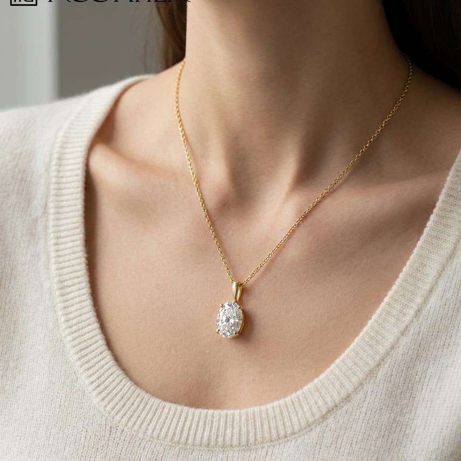 Natural Diamond Oval Solitaire Pendant in 14K Yellow Gold, 2 ct. t.w., worn close-up portrait