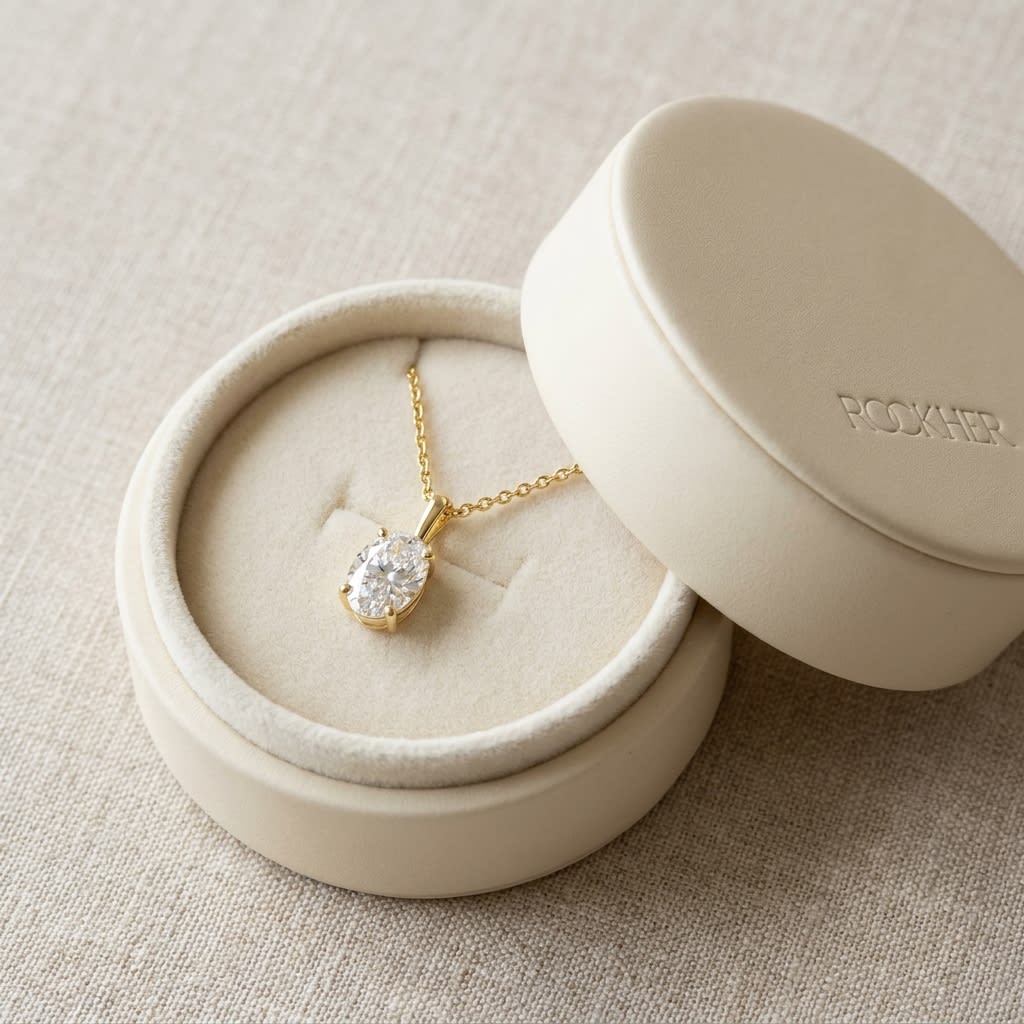 Natural Diamond Oval Solitaire Pendant in 14K Yellow Gold, 2 ct. t.w., in navy velvet jewelry box