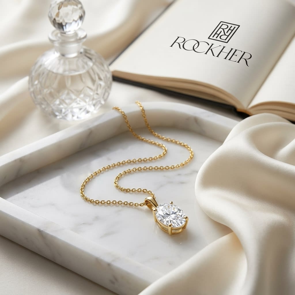 Natural Diamond Oval Solitaire Pendant in 14K Yellow Gold, 4 ct. t.w., on marble vanity tray with silk