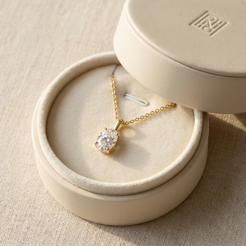 Natural Diamond Oval Solitaire Pendant in 14K Yellow Gold, 4 ct. t.w., in navy velvet jewelry box