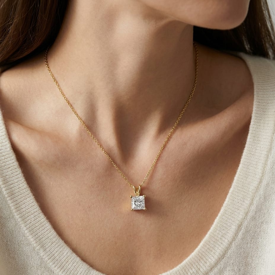 Natural Diamond Princess Cut Solitaire Pendant in 14K Yellow Gold, 2 ct. t.w., worn close-up portrait