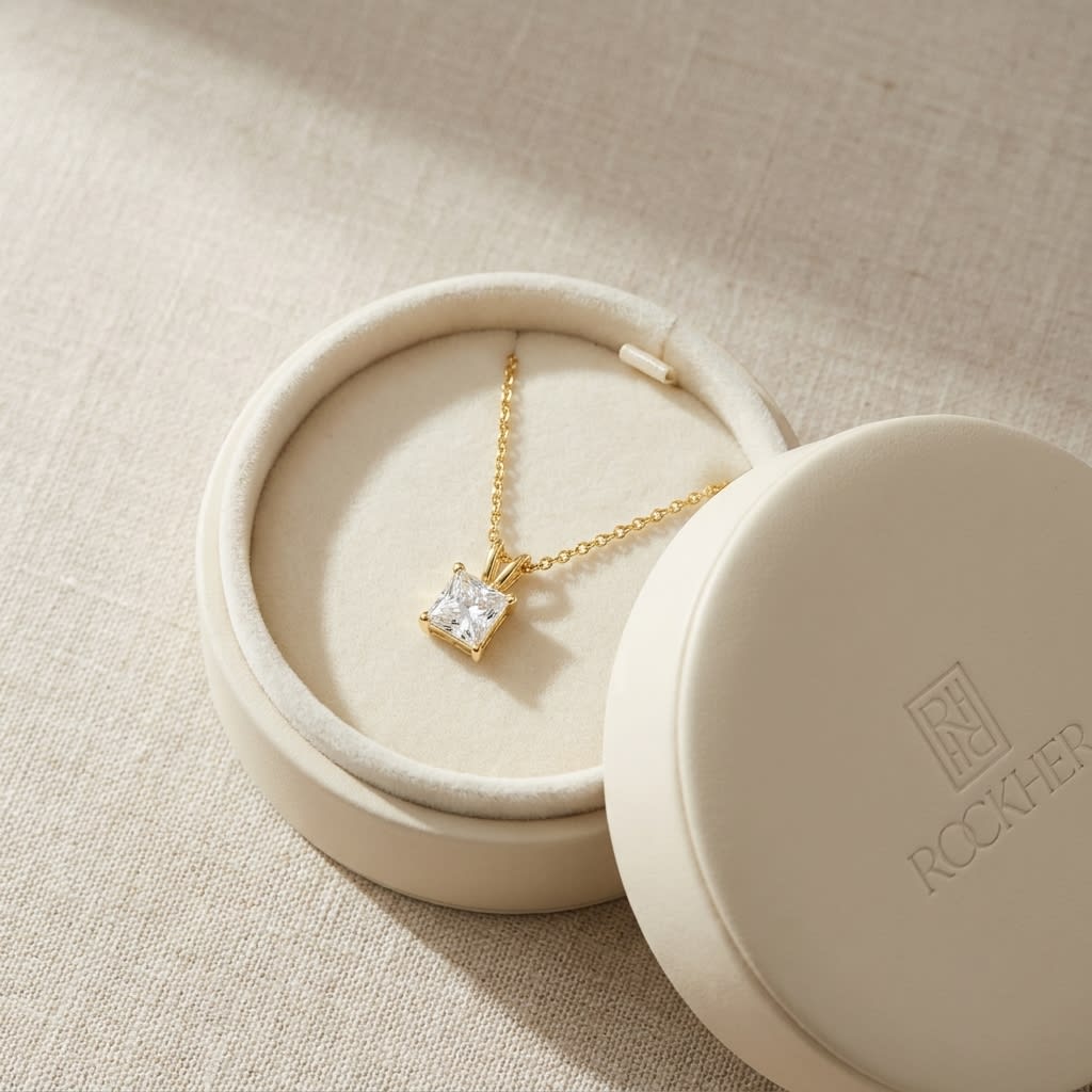 Natural Diamond Princess Cut Solitaire Pendant in 14K Yellow Gold, 2 ct. t.w., in navy velvet jewelry box