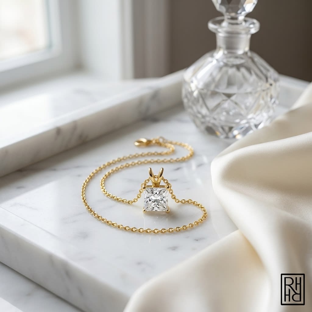 Natural Diamond Princess Cut Solitaire Pendant in 14K Yellow Gold, 4 ct. t.w., on marble vanity tray with silk