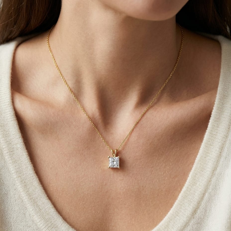 Natural Diamond Princess Cut Solitaire Pendant in 14K Yellow Gold, 4 ct. t.w., worn close-up portrait
