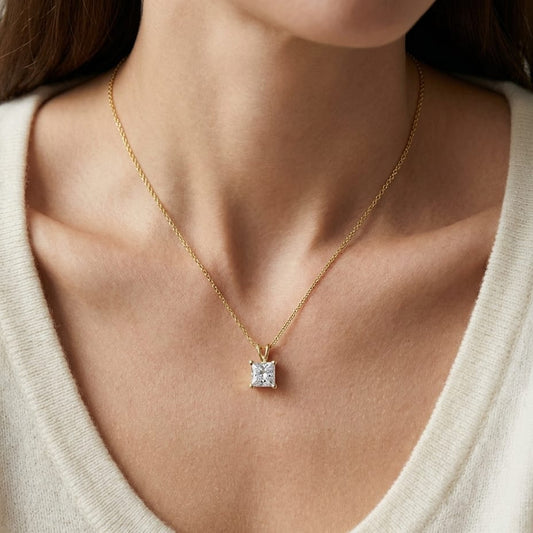 Natural Diamond Princess Cut Solitaire Pendant in 14K Yellow Gold, 4 ct. t.w., worn close-up portrait