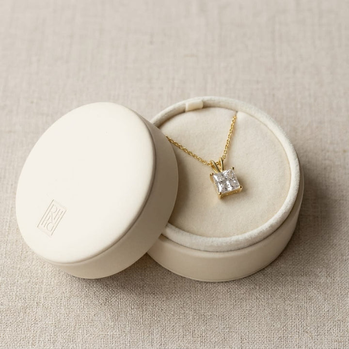 Natural Diamond Princess Cut Solitaire Pendant in 14K Yellow Gold, 4 ct. t.w., in navy velvet jewelry box