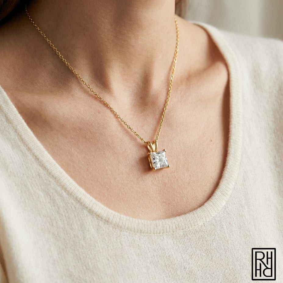 Natural Diamond Princess Cut Solitaire Pendant in 14K Yellow Gold, 1 ct. t.w., worn close-up portrait
