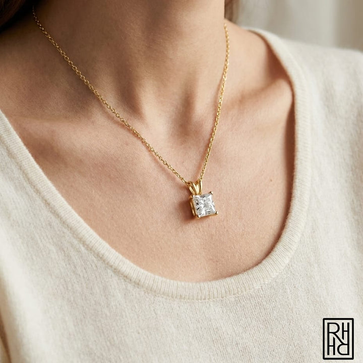 Natural Diamond Princess Cut Solitaire Pendant in 14K Yellow Gold, 1 ct. t.w., worn close-up portrait