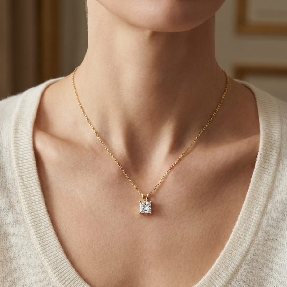 Natural Diamond Princess Cut Solitaire Pendant in 14K Yellow Gold, 4 ct. t.w., worn close-up portrait