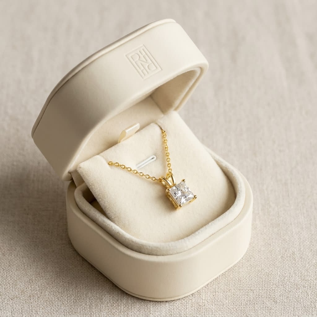 Natural Diamond Princess Cut Solitaire Pendant in 14K Yellow Gold, 4 ct. t.w., in navy velvet jewelry box