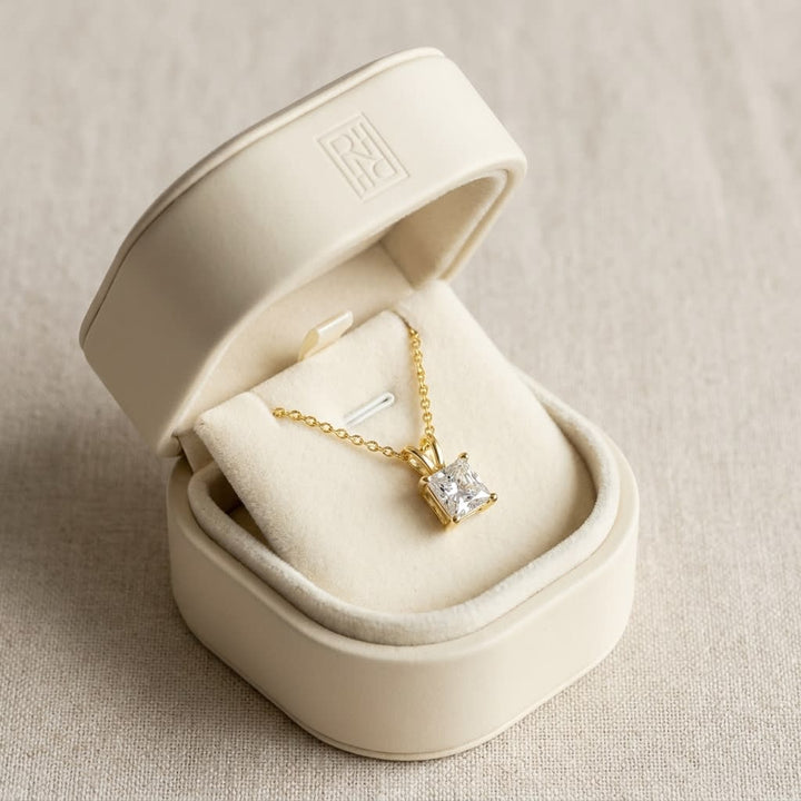 Natural Diamond Princess Cut Solitaire Pendant in 14K Yellow Gold, 4 ct. t.w., in navy velvet jewelry box