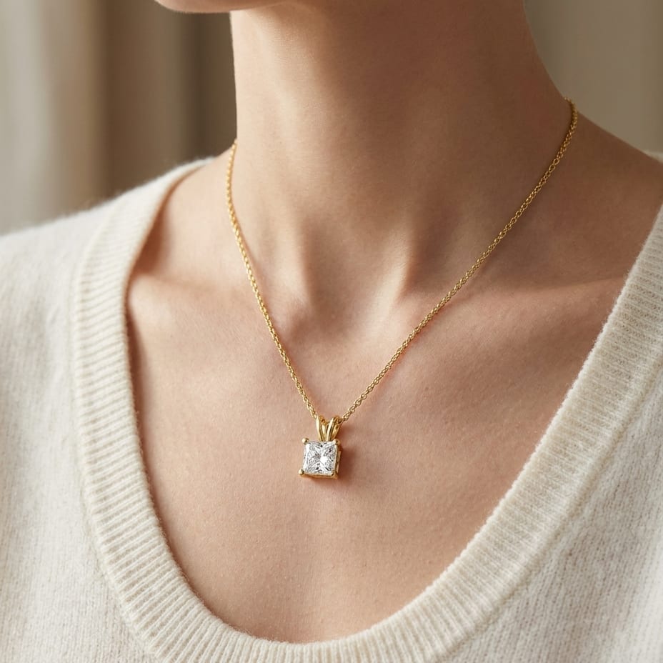 Natural Diamond Princess Cut Solitaire Pendant in 14K Yellow Gold, 2 ct. t.w., worn close-up portrait