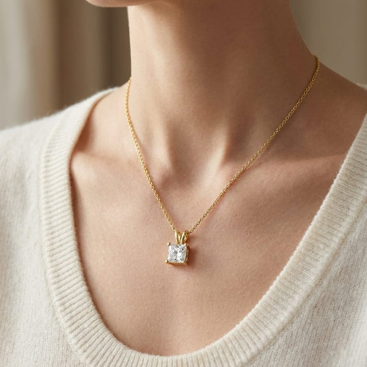 Natural Diamond Princess Cut Solitaire Pendant in 14K Yellow Gold, 2 ct. t.w., worn close-up portrait