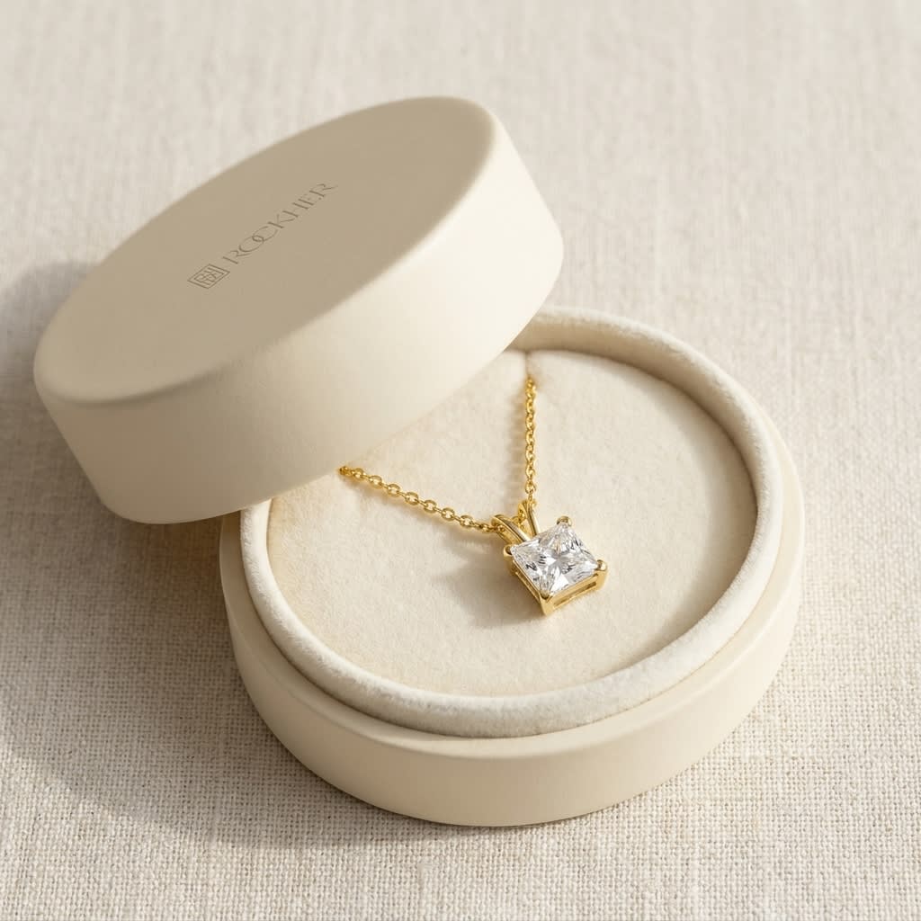 Natural Diamond Princess Cut Solitaire Pendant in 14K Yellow Gold, 2 ct. t.w., in navy velvet jewelry box