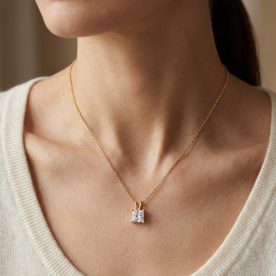 Natural Diamond Princess Cut Solitaire Pendant in 14K Yellow Gold, 2 ct. t.w., worn close-up portrait