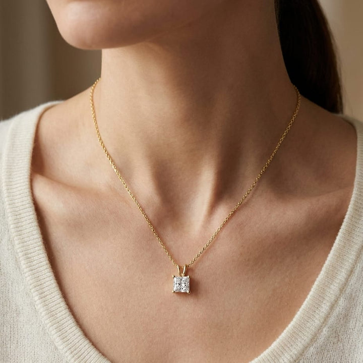 Natural Diamond Princess Cut Solitaire Pendant in 14K Yellow Gold, 2 ct. t.w., worn close-up portrait