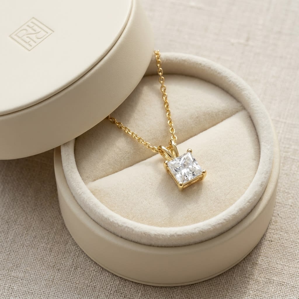 Natural Diamond Princess Cut Solitaire Pendant in 14K Yellow Gold, 2 ct. t.w., in navy velvet jewelry box