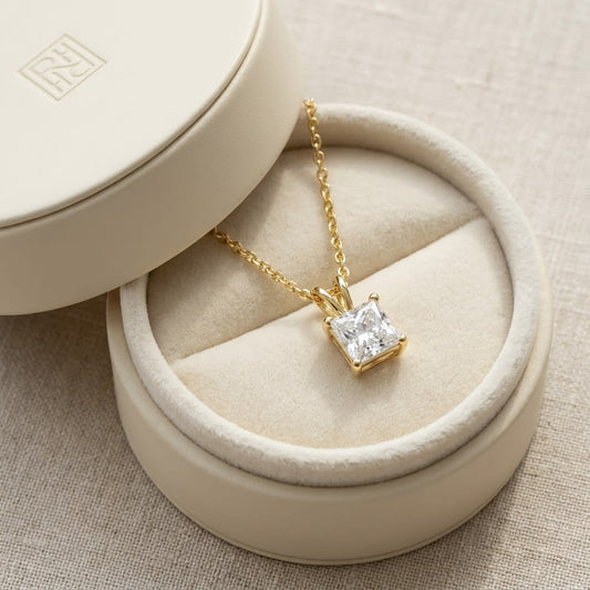 Natural Diamond Princess Cut Solitaire Pendant in 14K Yellow Gold, 2 ct. t.w., in navy velvet jewelry box