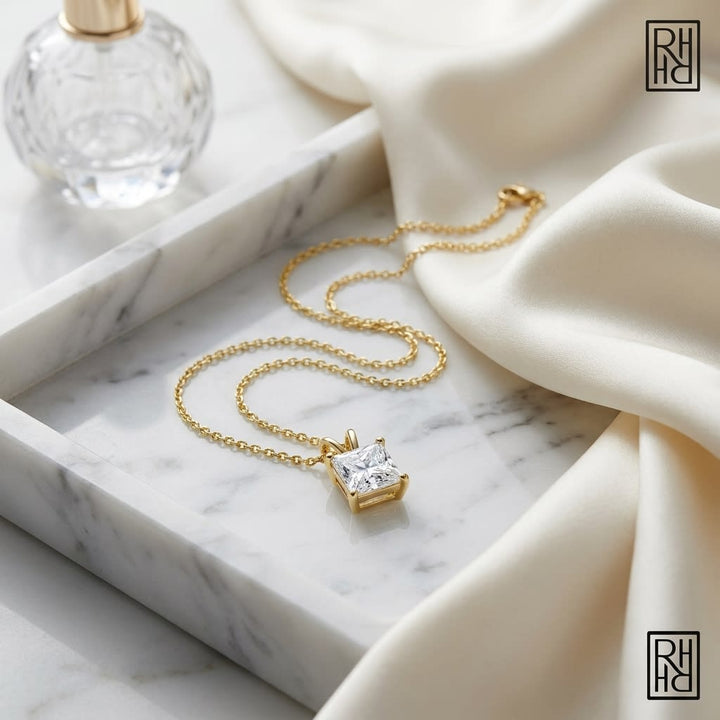 Natural Diamond Princess Cut Solitaire Pendant in 14K Yellow Gold, 3 ct. t.w., on marble vanity tray with silk