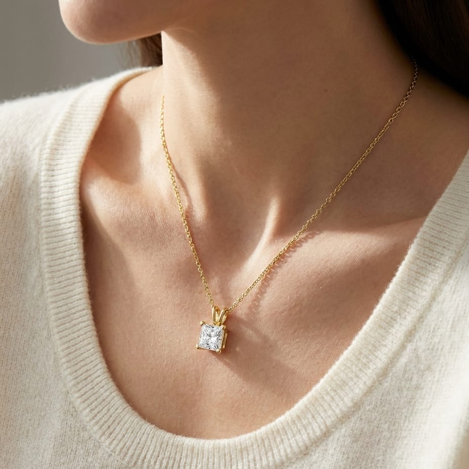Natural Diamond Princess Cut Solitaire Pendant in 14K Yellow Gold, 3 ct. t.w., worn close-up portrait
