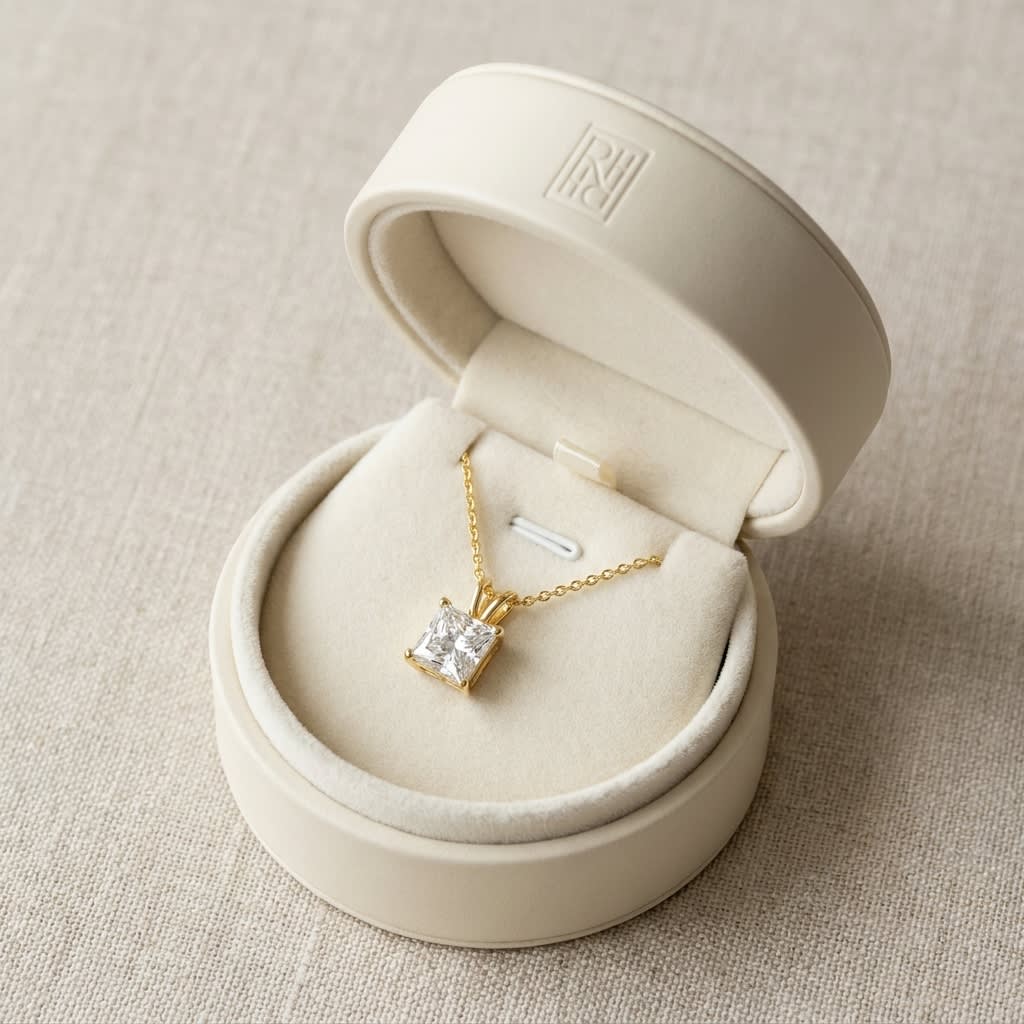 Natural Diamond Princess Cut Solitaire Pendant in 14K Yellow Gold, 3 ct. t.w., in navy velvet jewelry box
