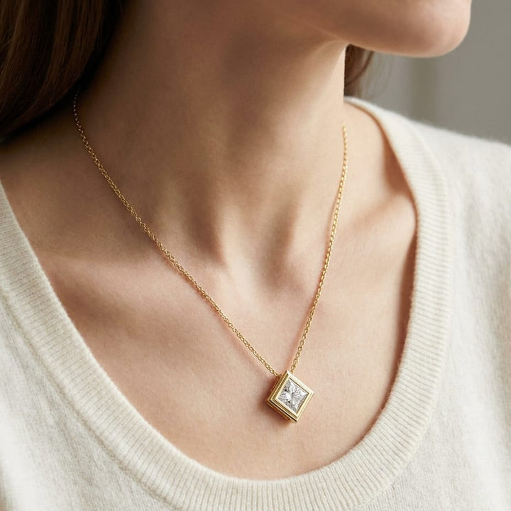 Natural Diamond Princess Cut Solitaire Pendant in 14K Yellow Gold, 8 ct. t.w., worn close-up portrait