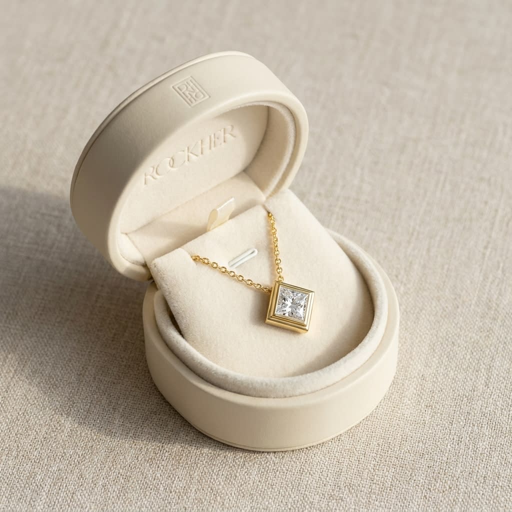 Natural Diamond Princess Cut Solitaire Pendant in 14K Yellow Gold, 8 ct. t.w., in navy velvet jewelry box