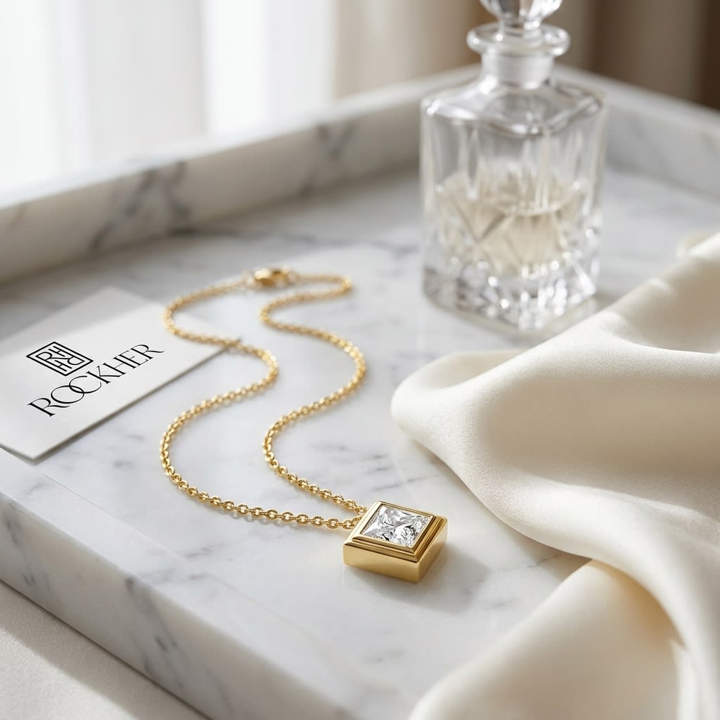 Natural Diamond Princess Cut Solitaire Pendant in 14K Yellow Gold, 4 ct. t.w., on marble vanity tray with silk
