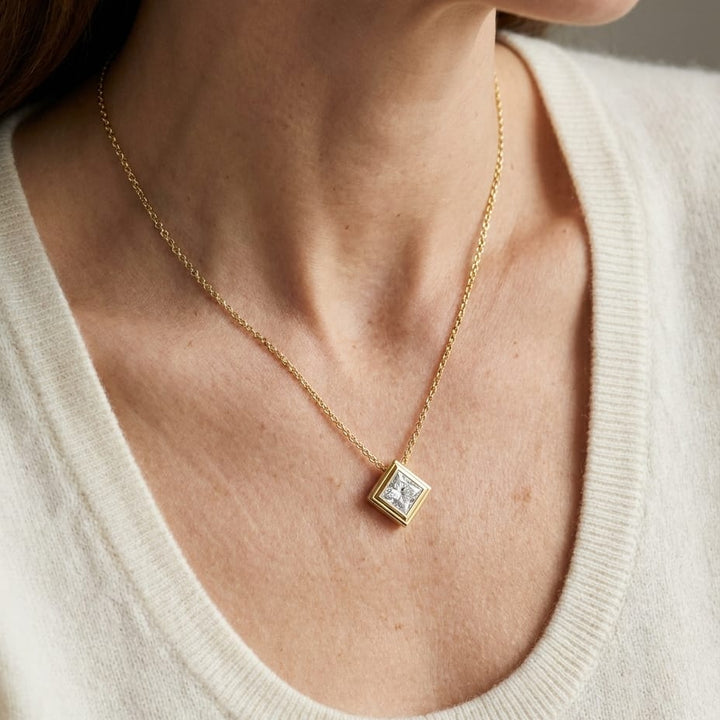 Natural Diamond Princess Cut Solitaire Pendant in 14K Yellow Gold, 4 ct. t.w., worn close-up portrait