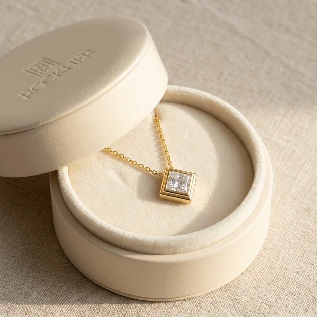 Natural Diamond Princess Cut Solitaire Pendant in 14K Yellow Gold, 4 ct. t.w., in navy velvet jewelry box