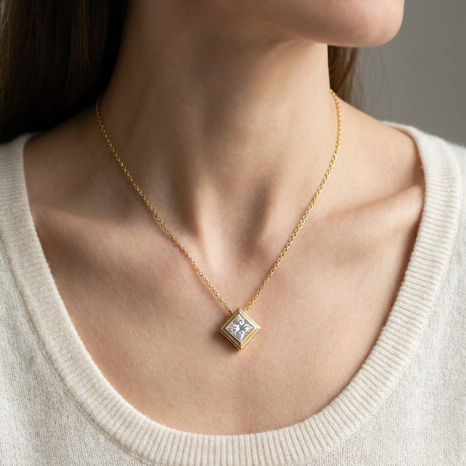 Natural Diamond Princess Cut Solitaire Pendant in 14K Yellow Gold, 4 ct. t.w., worn close-up portrait