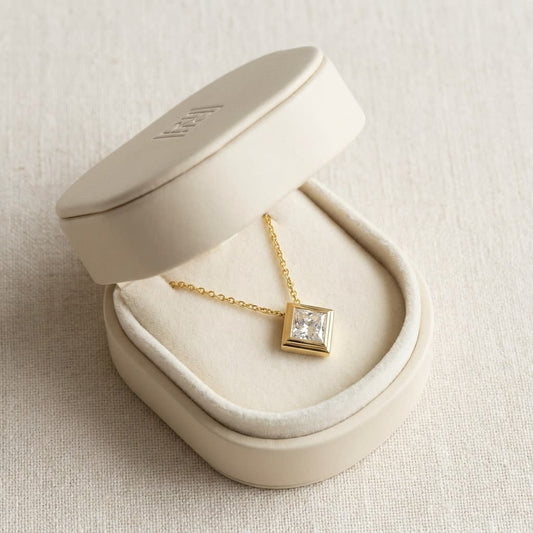 Natural Diamond Princess Cut Solitaire Pendant in 14K Yellow Gold, 4 ct. t.w., in navy velvet jewelry box