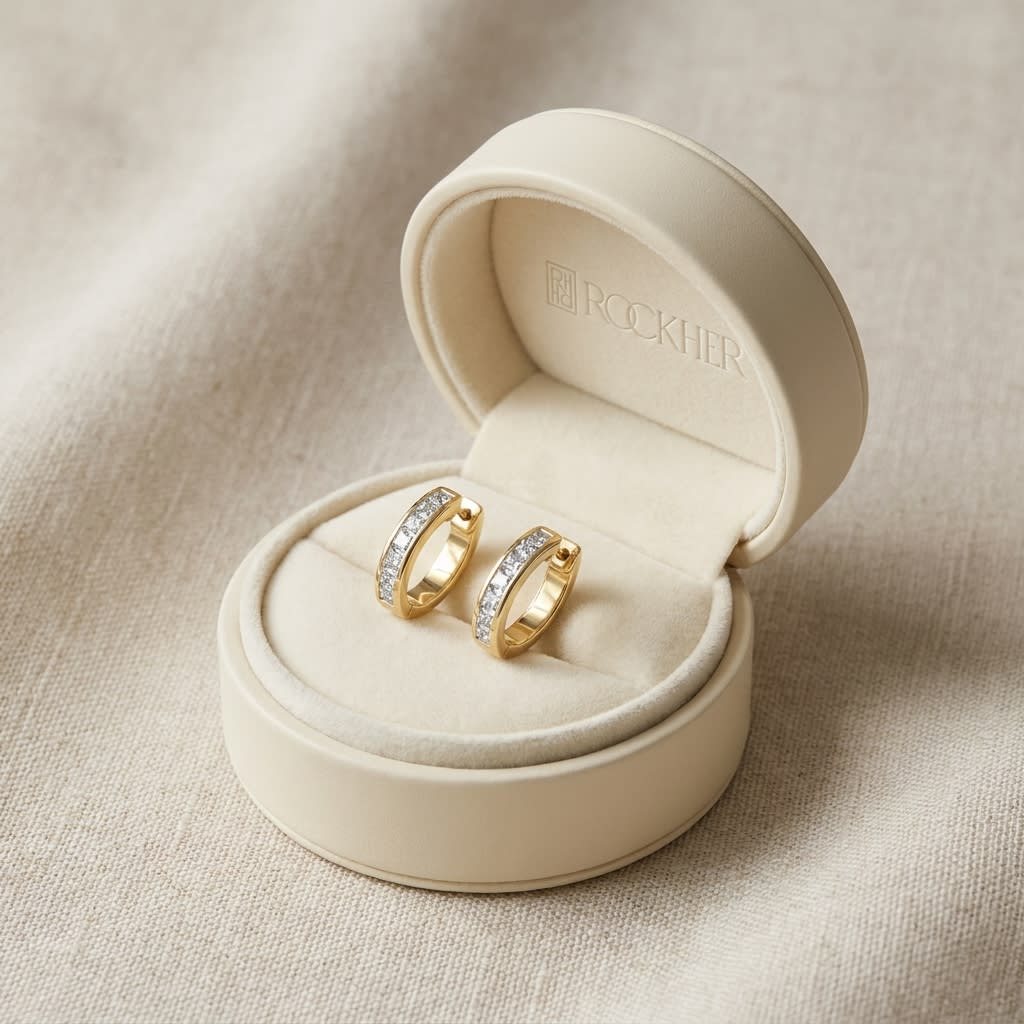 Diamond Princess Cut Channel Hinged Hoop Earrings in 14K Yellow Gold, in navy velvet jewelry box