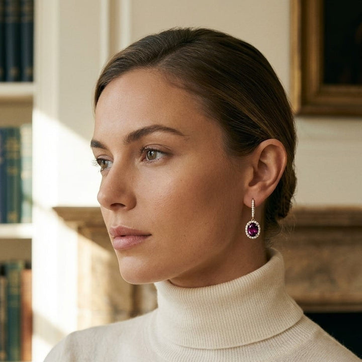 Rhodolite Garnet & Diamond Oval Halo Dangle Earrings with Pave Leverbacks in 14K Yellow Gold - lifestyle