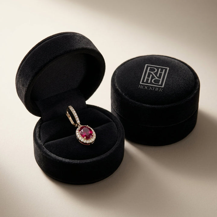 Rhodolite Garnet & Diamond Oval Halo Dangle Earrings with Pave Leverbacks in 14K Yellow Gold - presentation