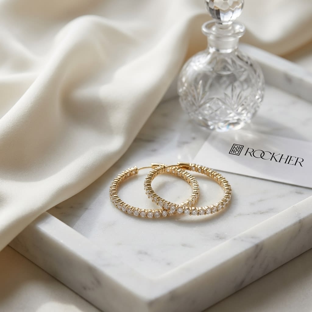 Diamond Hoop Earrings in 14K Yellow Gold (5 Ct. Tw.) Si, on marble vanity tray with silk