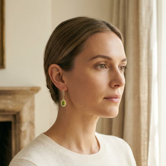 Peridot & Diamond Oval Halo Leverback Earrings 1/4ctw in 14K Yellow Gold - editorial