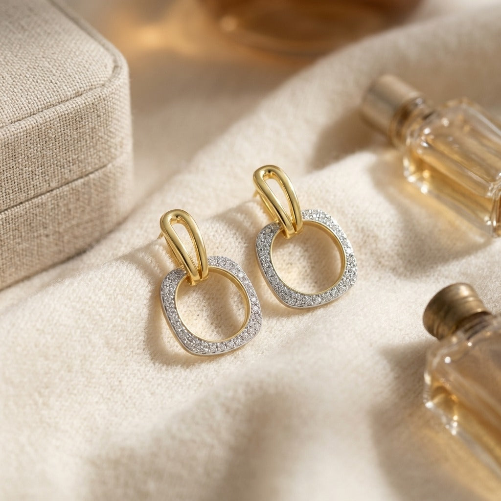 Diamond Geometric Dangle Hoop Earrings 3/8ctw in 14K Yellow Gold - flat lay